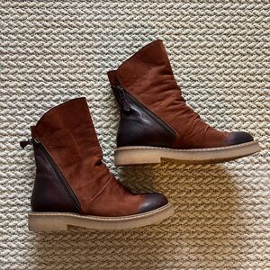 Brown suede ankle boots with side zippers & rubber soles